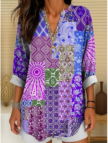  Tunica da donna a blusa V collo maniche lunghe boho casual tops grafici geometrici a blocchi di colore eleganti bohemia vintage regolari tops per uso quotidiano stampa gialla rossa blu viola verde