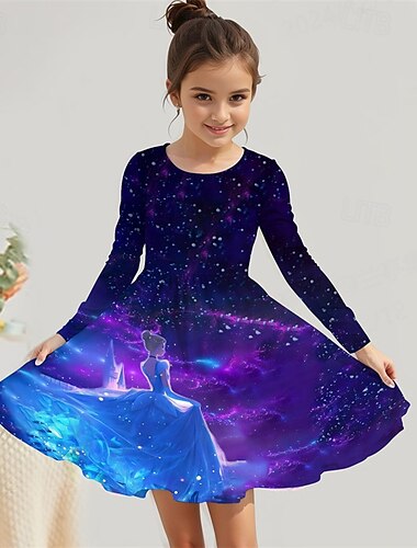  Mädchen' 3D Cartoon Kleid Langarm Sommer Frühling Urlaub Täglich Ferien Prinzessin Schön Süß Kinder 4-12 Jahre Freizeitkleid A Linie Kleid Knielang Normale Passform