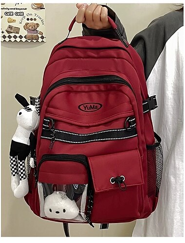  Mochila escolar para meninas adolescentes com chaveiro de pelúcia – mochila casual de grande capacidade com bolso transparente para o retorno às aulas