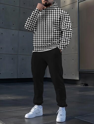  Per uomo Blocco di colori Pied-de-poule 2 pezzi Set di felpe 3D Tuta Felpa con Cappuccio Manica Lunga Pantaloni lunghi Con Cappuccio Casual Quotidiano Athleisure Stampa 3D Primavera Autunno Inverno