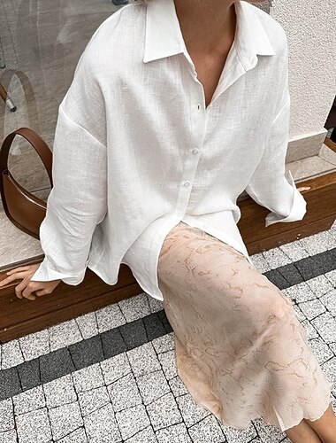  Per donna Camicia Camicia di lino Semplice Quotidiano Elegante Essenziale Manica Lunga Colletto a Camicia Top Regolari Lavoro Quotidiano Ferie Bottoni Bianco Rosa Blu Primavera Autunno