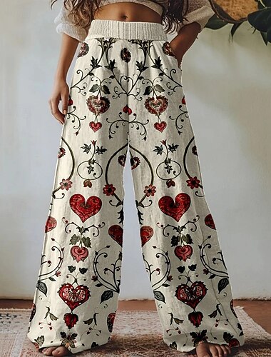  Damen Weites Bein Hosen Hose Palazzo-Hose Vintage Boho Volle Länge Hohe Taille Herz Elastischer Bund Drucken Atmungsaktivität Bequem Straße Alltagskleidung Ausgehen Rot Frühling Herbst Normale