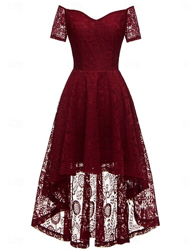  Mujer Vestido Midi Vestido de encaje Vestido Cóctel Vestido Invitada Boda Gasa Elegante Moda Moderno Exterior Fiesta de Cóctel Ajuste regular Plano Manga Corta Hombros Caídos Negro Rosa Vino Verano
