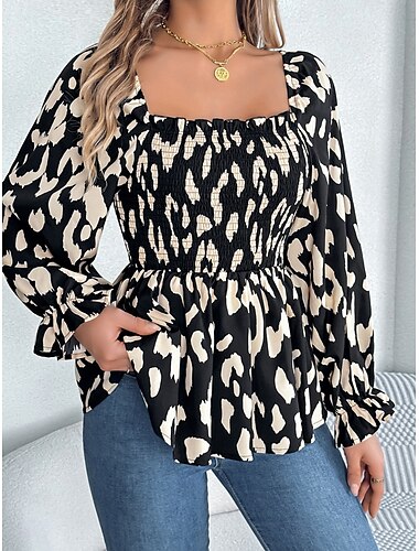  Dam Blus Grafisk Stylish Ledigt Långärmad Fyrkantig hals Vanliga toppar Dagligen Mönster Svart Vit Grön Sommar Vår Höst