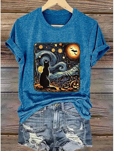  Halloween Dames T-shirt Grafisch Doodskoppen Kat Vintage Stijlvol Klassiek Korte mouw Strakke ronde hals Ronde hals Normale tops Dagelijks Weekend Afdrukken Zwart Wit blauw Oranje Grijs Zomer Herfst