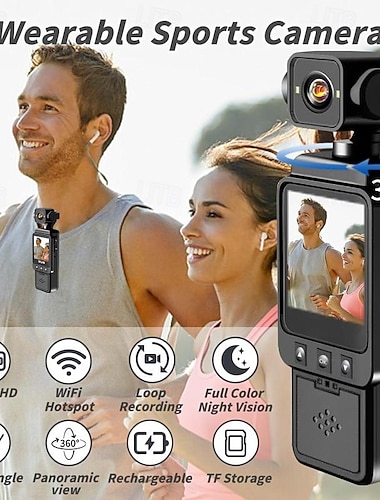  1080P Draagbare Video Recorder met 1.54 Scherm WIFI 360 draaiende lens Nachtzicht Video  Foto Opname Ingebouwde Vullicht Ideaal voor Sport  Beveiligingsbewaking Valentijnsdag Cadeau