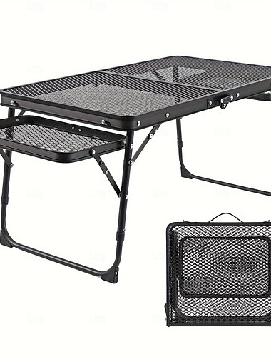  Tavolo da campeggio pieghevole portatile con altezza regolabile, dotato di due pannelli alari e un piano in rete, perfetto per grigliate all'aperto, picnic, barbecue, spiagge e campeggio, robusta