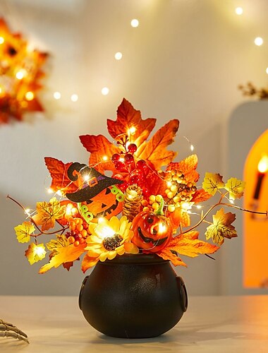  halloweeni őszi asztali dísz műtök, juharlevelek, fenyőtobozok és LED-es lámpák aratófesztivál dekorációhoz halloweenhez, hátborzongató őszi látvány, őszi lakberendezés