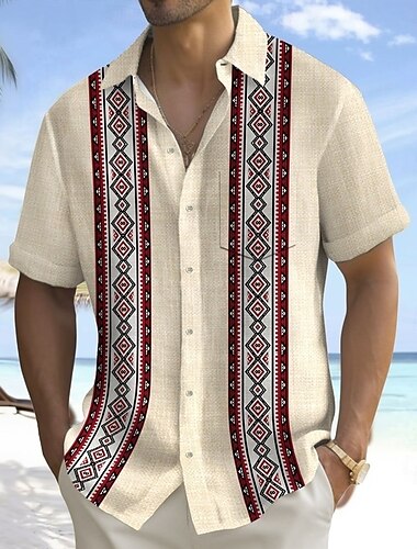  Herren Geometrisch Gestreift Hemd Sommerhemd Knopfhemd Kurzarm Ethnisch Urlaub Ferien Streetwear Sommer Umlegekragen 3D-Druck Eine Tasche vorne Leinenähnliches Hemd Khaki