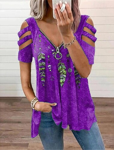  女性用 Tシャツ 植物 ファッション 近代の 半袖 Ｖネック レギュラートップス 日常 ジッパー ルビーレッド パープル グリーン 夏