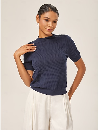  Dame Kabelstrikket polo عادي Avslappet T-skjorte Navyblå Kortermet Elegant Moderne Crew-hals Sommer Høst