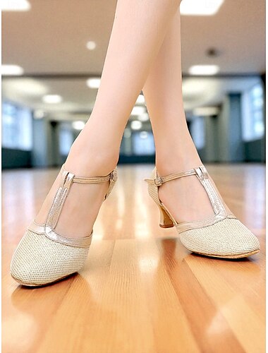  Chaussures de danse latine professionnelles à talon bas et maille dorée pour femmes, chaussures de danse à bride en T, respirantes et pour adultes
