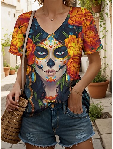  Halloween Mulheres Camiseta Floral Gráfico Caveiras Vintage à moda Clássico Manga Curta Decote V Tops regulares Diário Imprimir Preto Laranja Cinzento Verão Primavera