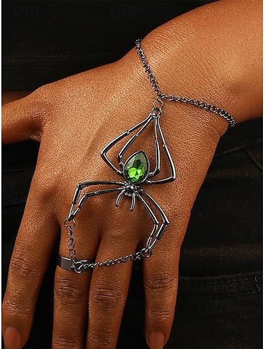  Damarmband med spindelhandskedja för halloween och grön ädelsten – gotiska smycken i legering för maskeradfester, cosplay och kusliga evenemang