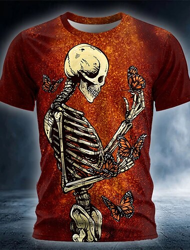  T-shirt da uomo David Lozeau con teschio e farfalla, manica corta, stampa 3D, girocollo, stile gotico, horror, per feste, strada, casual, blu lago, giallo e rosso, estate, primavera, abbigliamento per