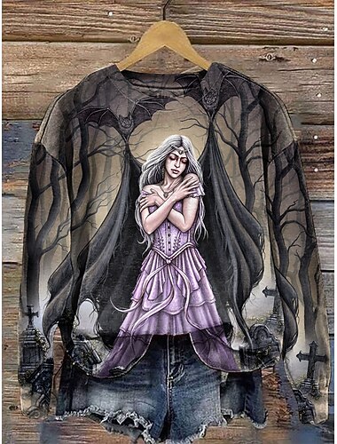  סוויטשירט לנשים בגרפיקה של ויץ' על ידי סרס' ריכטקר קז'ואל עם שרוול ארוך צווארון עגול טופים רגילים לבוש יומי חאקי סתיו חורף