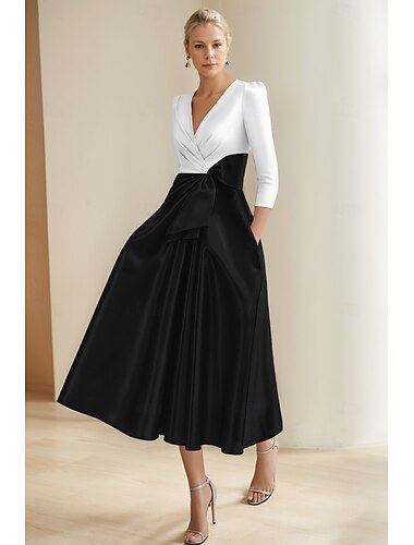  Abiti Cocktail A-Line Abito Elegante Formale Matrimonio Lunghezza Tè Lunghezza Midi Mezza Manica Scollo a V Pieghe Satin con Tasca e Fiocco