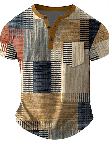  Per uomo Patchwork Maglietta Maglia Henley Manica Corta maglietta Stampa 3D Henley Camicia Designer Retrò Vintage Streetwear Casuale Quotidiano Rosa Blu Verde Estate Primavera Tutte le stagioni