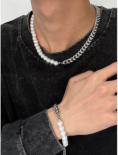  Herre Unisex Smykke Sett Kjeder & Lenkearmbånd Halskjede Rustfritt Stål Imitert Perle Nøytral Mote Rund