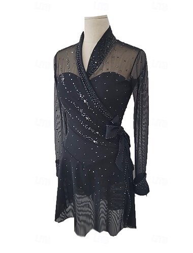  Eiskunstlaufkleid Damen Mädchen Eislaufen Kleid Schwarz Daumenloch Halo-Färbung Hohe Elastizität Professionell Wettbewerb Eiskunstlaufkleidung Thermowarm Kristall / Strass Langarm Eislaufen