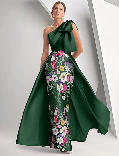  Abito da sera A-Line blu floreale ricamato elegante Abito formale da matrimonio lunghezza fino al pavimento senza maniche spalla unica raso con fiocco(e) spacco