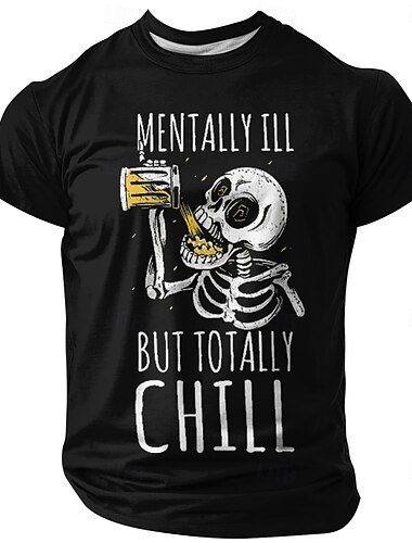  メンズ面白い「メンタルに問題がありますが、完全に落ち着いています」骨格飲酒ショートスリーブグラフィックTシャツ、赤色