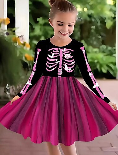  Halloween Pigers 3D Dødningehoveder Kjole Langærmet Sommer Forår Ferierejse Daglig Ferie Prinsesse Smuk Sød Børn 4-12 år Hverdagskjole A Linje Kjole Knælang Regulær