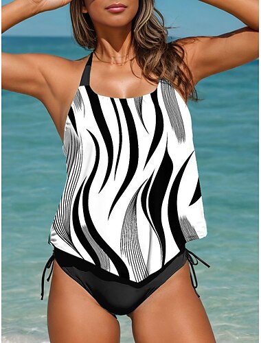  Damen Badeanzug Tankini Zweiteilig Freche Unterhose Bademode Rückenfrei Urlaub Strandbekleidung Grafik Geometrisch U-Ausschnitt Ärmellos Badeanzüge