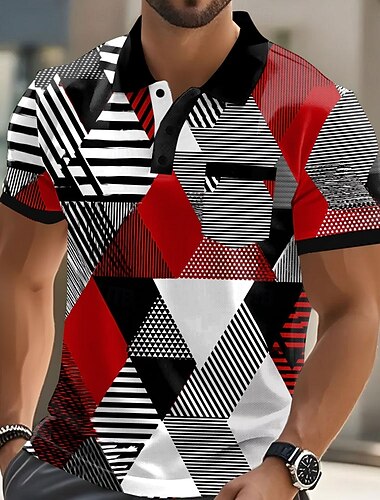  Voor heren Geometrisch patroon Polo Korte mouw Poloshirt Overhemden met kraag Casual Buiten Sportkleding Alledaagse kleding Zak 3D-afdrukken Knop Zomer Rood blauw Paars