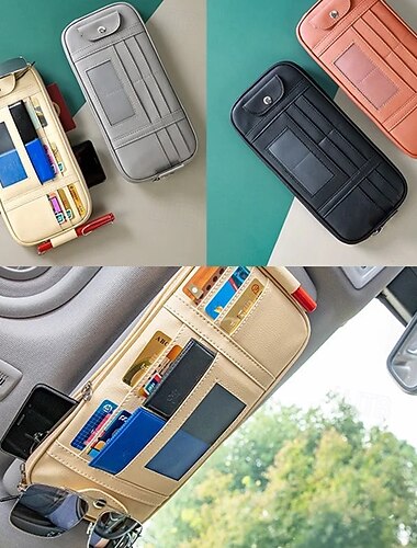 Sac de rangement polyvalent pour pare-soleil, organiseur de voiture avec porte-cartes, pochette pour documents, clip pour lunettes de soleil, accessoire de véhicule polyvalent pour permis de conduire,