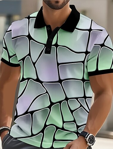  Voor heren Abstract Meetkundig Polo Korte mouw Poloshirt Overhemden met kraag Casual Straat Sportkleding Alledaagse kleding 3D-afdrukken Knop Zomer Geel blauw Paars