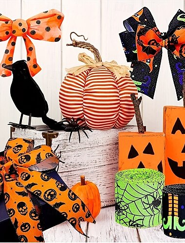  Nastro con bordo rinforzato per Halloween, 4 rotoli, nastro stampato a forma di pipistrello, ragno, zucca, gambe di strega, cappello, pois, nastri in grosgrain per Halloween, ghirlanda per la casa,