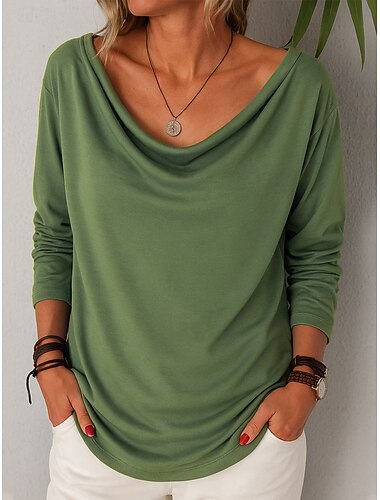  Dame Teksturbluse T skjorte Årgang Fritid Strandstil Langermet Cowl-hals Pile Neck Vanlige topper Daglig Rødbrun Svart Blå Grønn Grå Sommer Vår Høst