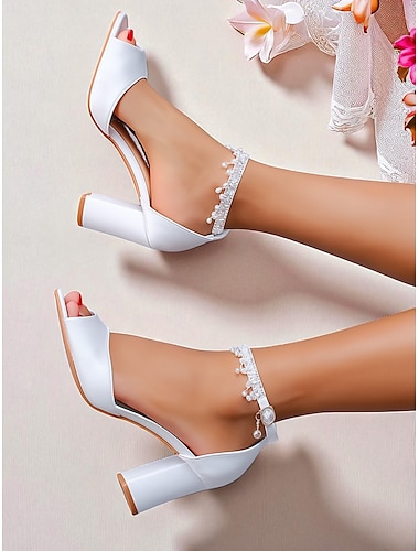  Weiße Peep-Toe-Schuhe mit Blockabsatz und Perlen-Fesselriemchen für Damen – elegante Absätze für Hochzeiten und formelle Partys für Bräute und Damen