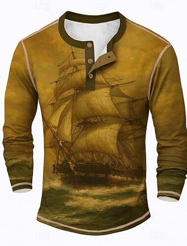  Homme Graphique Voilier Chemise Henley T-shirt manche longue ancien Mode Designer Extérieur Occasionnel Quotidien Printemps & Automne Toutes saisons Marron Vert Henley T-shirt Henley