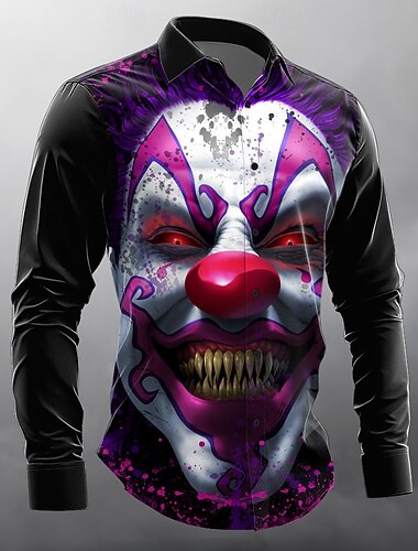  Pánské Klaun Smajlík Halloweenské kostýmy Košile Košile na knoflíky Dlouhý rukáv Temný gotický styl Dovolená Streetwear Léto Jaro Přehnutý 3D tisk košile s límečkem Černá