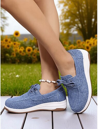  Femmes Mocassins Mocassins à plateforme Quotidien Fête des Mères Talon plat Bout Rond Occasionnel Confort Denim À lacets Mocassin Noir Bleu Marron