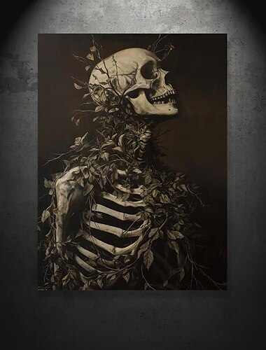  Poster su tela, dipinto stampato, poster artistico, decorazione di Halloween, teschio scuro, arte gotica, piante appassite, vittoriano, scuro, rustico, fattoria, pittura a olio, stile nordico,