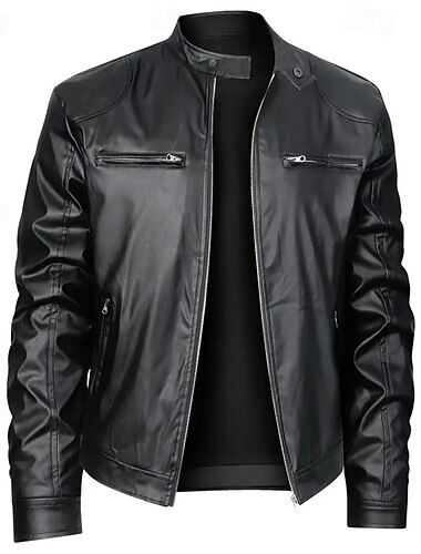 Men's Faux Leather Jacket Biker Jacket Motorcycle Jacket Vacation Daily Windproof Warm Zipper Fall Winter Plain Fashion Classic Stand Collar Regular Black Red Royal Blue Blue Dark Green Jacket