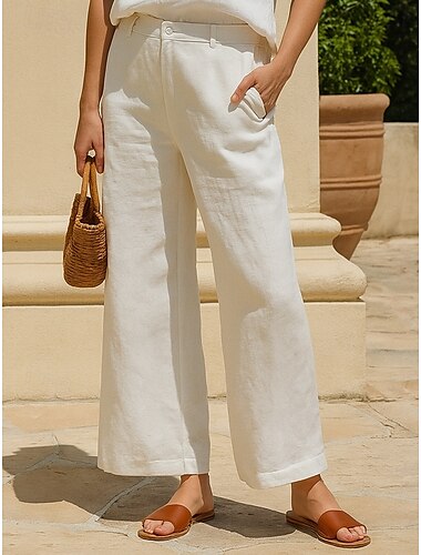  Pantaloni chino da donna in cotone e lino, a gamba larga, stile etnico, basic, casual, lunghezza intera, vita media, tinta unita, tasche, comodi, per esterni, anelastici, casual, quotidiani, neri, bianchi, verdi, cachi, estivi, primaverili, vestibilità re