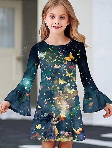  Mädchen' 3D Schmetterling Kleid Rüschenkleid Langarm Sommer Frühling Urlaub Täglich Ferien Schön Süß Kinder 4-12 Jahre Freizeitkleid Knielang Normale Passform