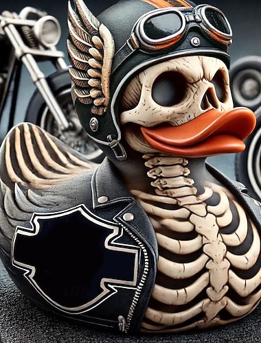  Figurka szkieletowej kaczki z żywicy na Halloween, rzeźba kaczki z czaszką motocyklisty, gotycka dekoracja w kształcie kaczki motocyklisty do domu lub na imprezę