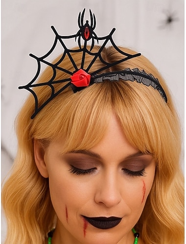  Halloween-spinnnätsband för kvinnor – gotisk svart spets med röd ros- och spindeldesign, lätt polyester och plast, perfekt för maskeradfester och cosplay