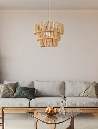  3-stöckige Pendelleuchte aus Juteseil im Landhausstil, handgewebtes organisches Design, warmweißes/weißes Licht, E26/E27, verstellbare Kette