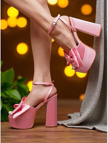  Tacones de plataforma de satén rosa para mujer con lazo extragrande y correa en el tobillo: tacones altos gruesos y divertidos para fiestas nocturnas y eventos en clubes.