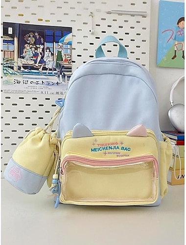  Zaino kawaii con orecchie di gatto per bambini con custodia con coulisse – zaino scolastico pastello di grande capacità per ragazze e adolescenti