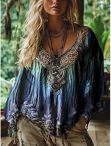  Damenbluse Grafik Vintage Alltag Casual Langarm V-Ausschnitt Normal Oberteile Tribal Lebensbaum Vintage Designer Basic Print Urlaub Straße Ausgehen Alltags-Urlaubsdruck Blau Sommer Frühling Herbst