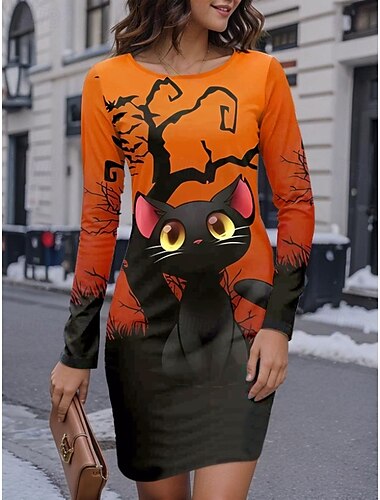  Damen Minikleid T-Shirt-Kleid Shiftkleid Sommerkleid Urlaub Lässig Party Täglich Normale Passform Grafik Tiermotiv Langarm Rundhalsausschnitt Schwarz Gelb Purpur Orange Frühling Herbst Winter