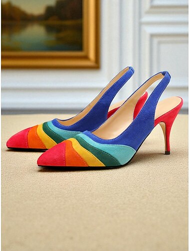  Escarpins à bride arrière en daim rétro colorés pour femmes – talons aiguilles à bout pointu inspirés des années 1970 pour événements de mode, fêtes et looks créatifs