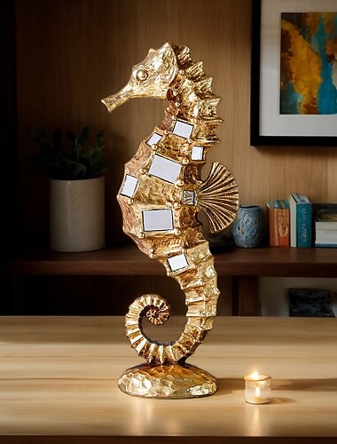  Estatueta decorativa de cavalo-marinho espelhado em resina, escultura moderna e criativa para decoração de casa com superfície de espelho embutida, presente festivo, decoração de mesa de festa e